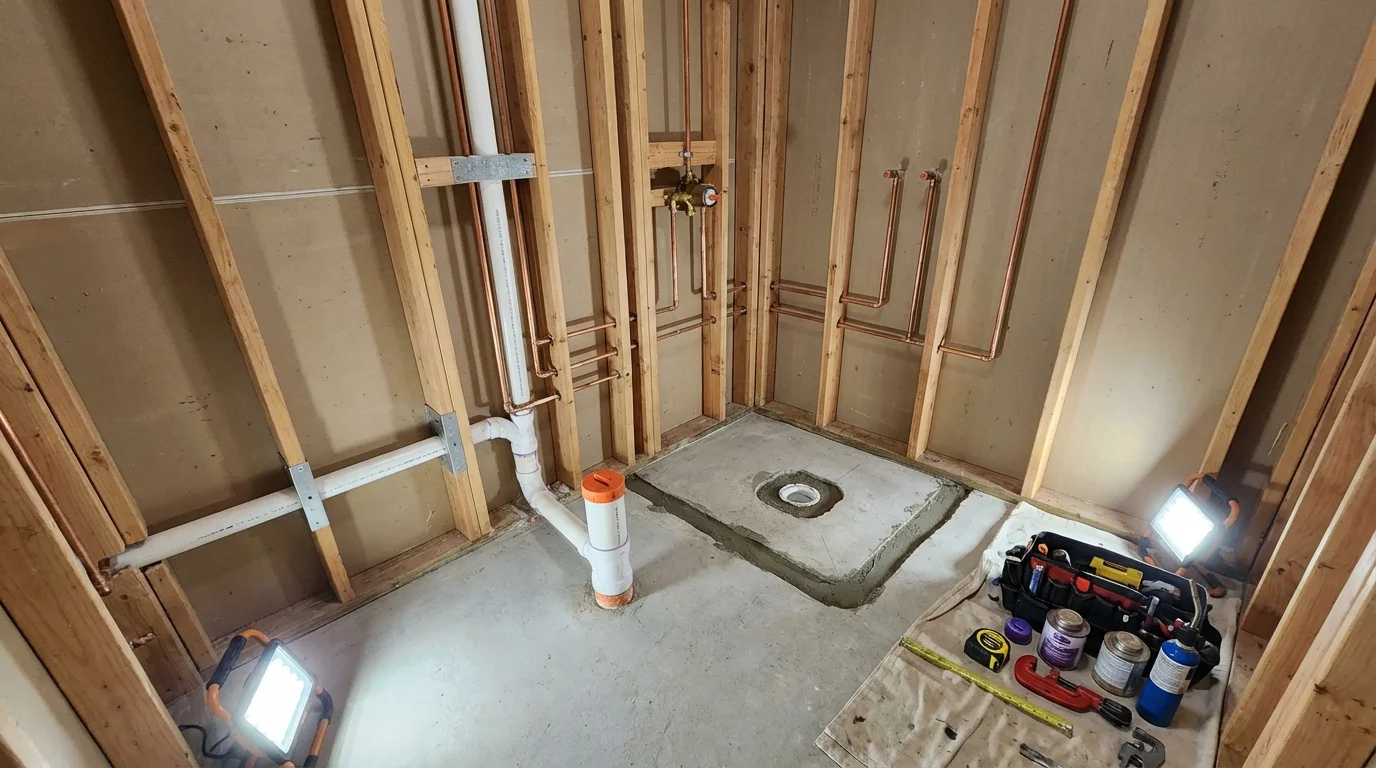 Bathroom rough-in plumbing during remodel by Johns Plumbing LLC in Flagler Beach