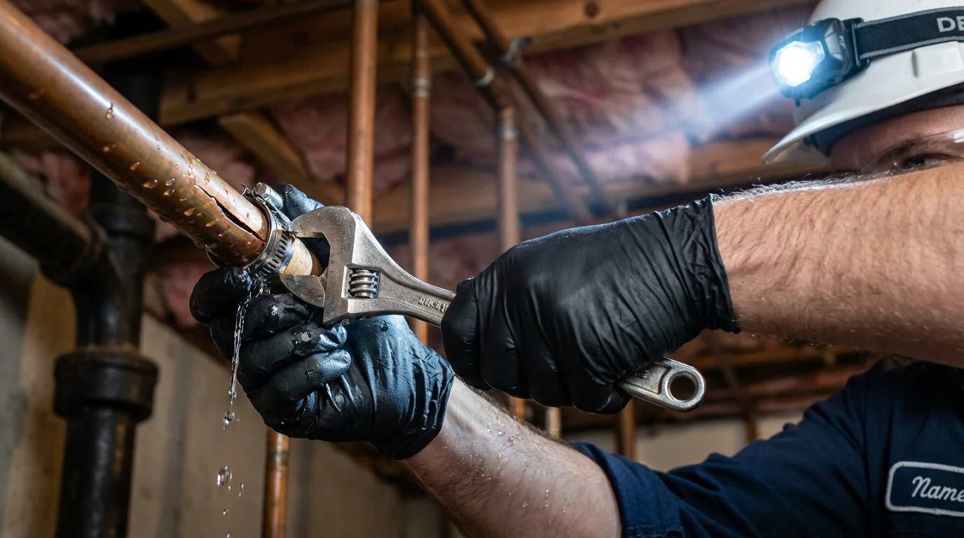 Emergency pipe clamp repair being performed by a Johns Plumbing LLC plumber in Flagler Beach