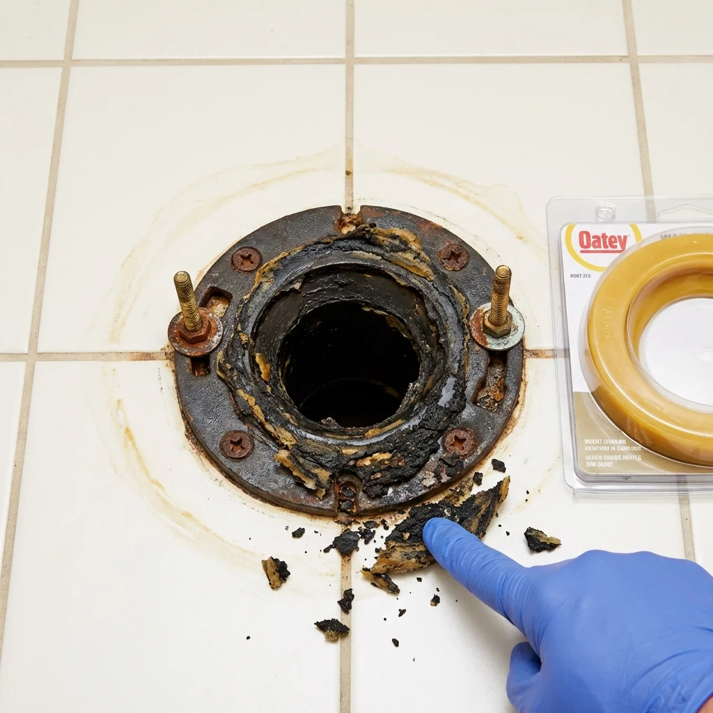 Failed wax ring showing water seepage at the base of a toilet in a Flagler Beach, FL home