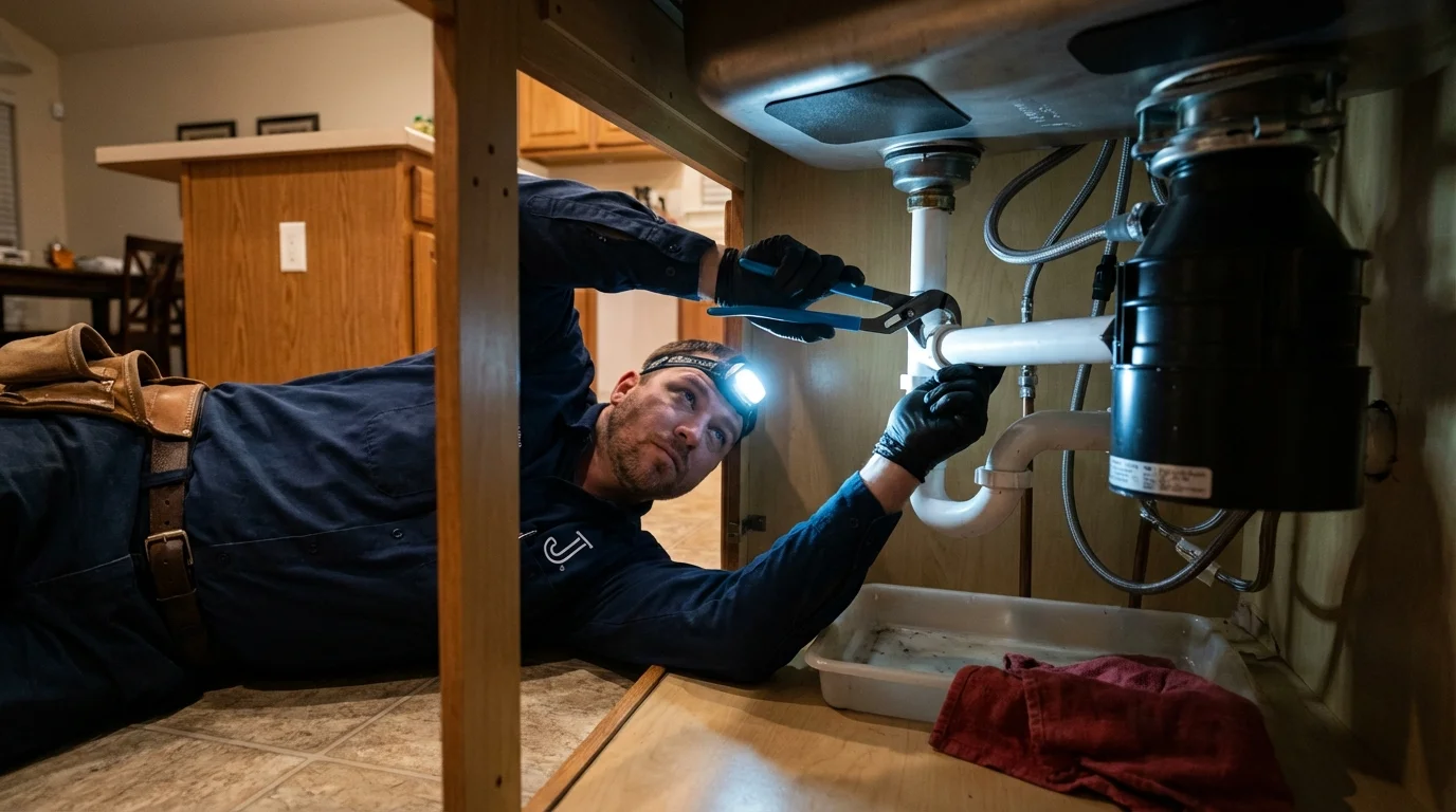 P-trap and supply line connections under a kitchen sink showing a common leak point in Flagler Beach, FL